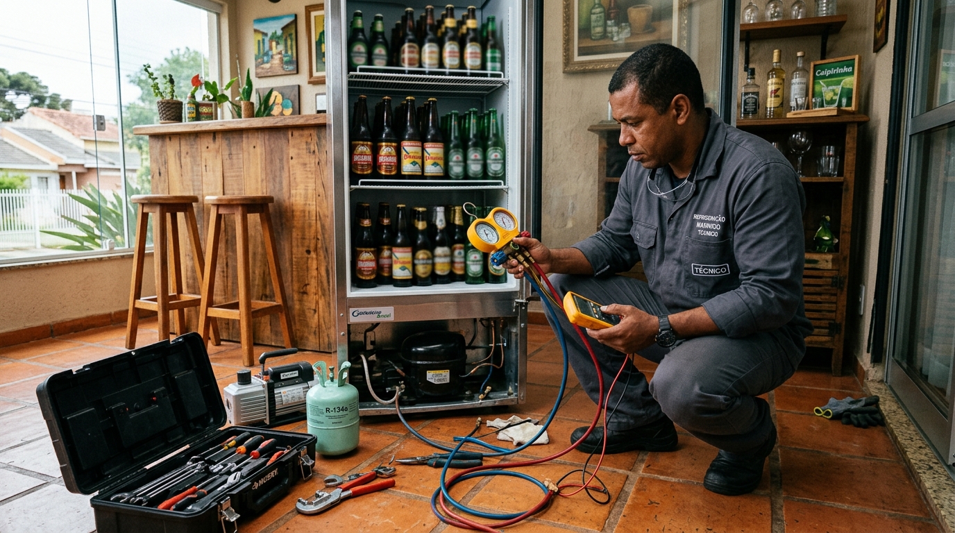 Profissional executando reparo no motor de cervejeira em Salvador‑BA