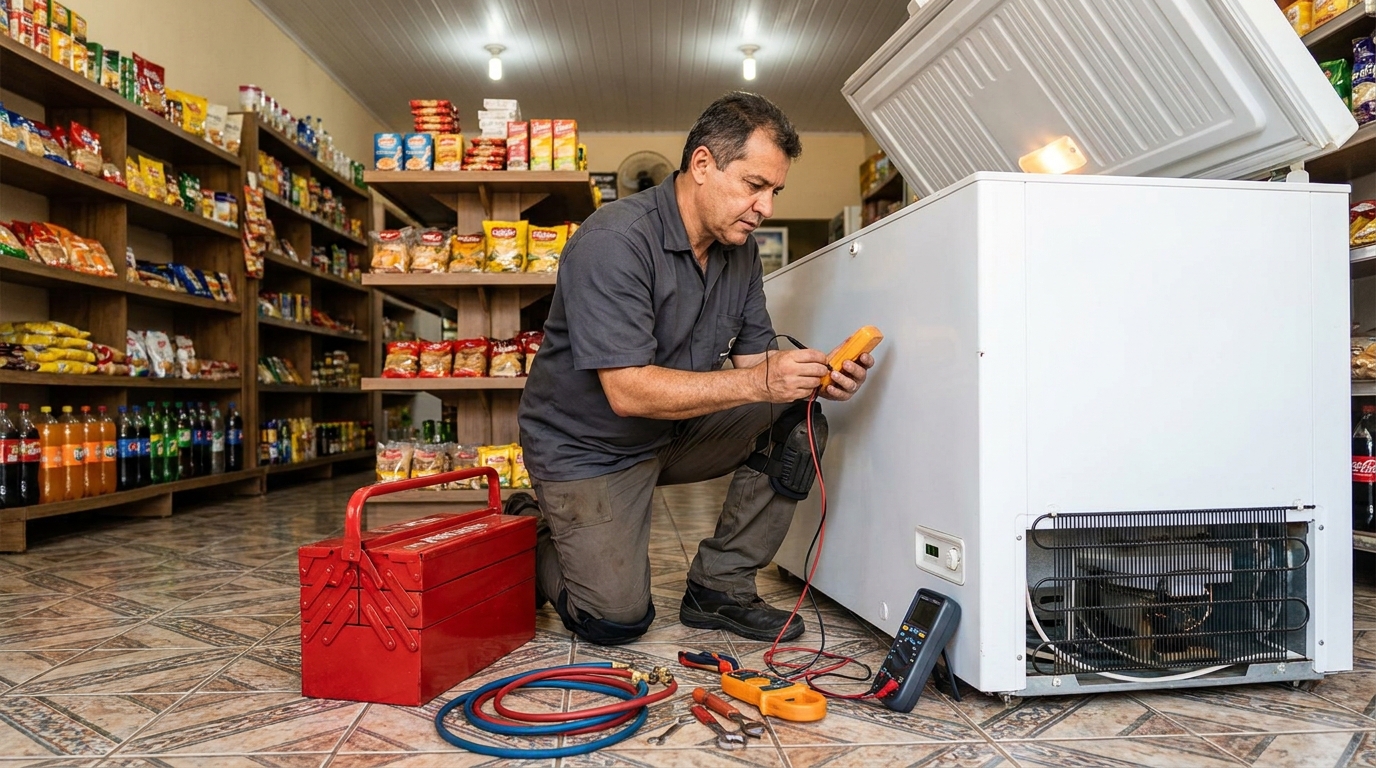 Recarga de gás refrigerante no freezer durante atendimento em Salvador‑BA